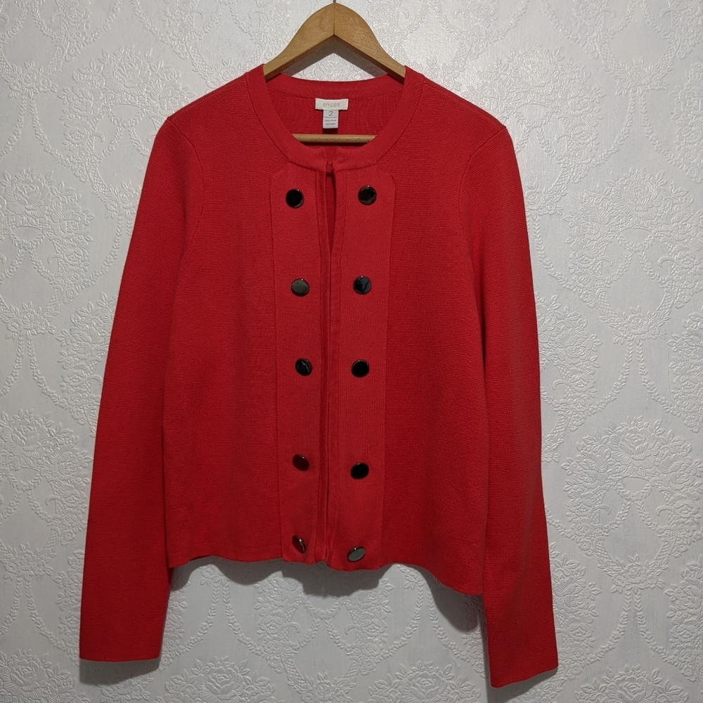 Anne Klein Red Double-Breasted Knit Cardigan Sweater